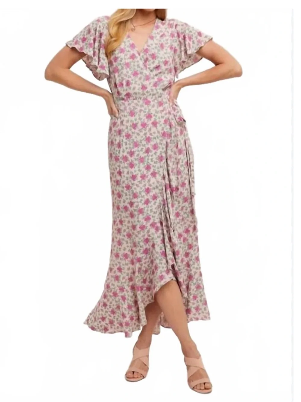 Bluivy Floral Wrap Maxi Dress Medium Ruffle Pink Romantic Feminine Cottage - Picture 10 of 10